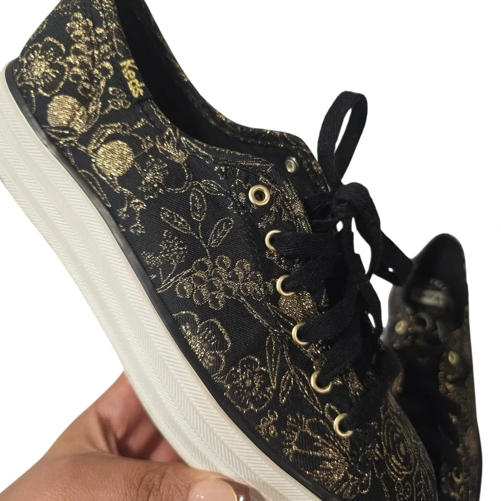 Keds Rifle Paper Co Floral Platform Sneakers‎ Black Gold Women's Size 6.5